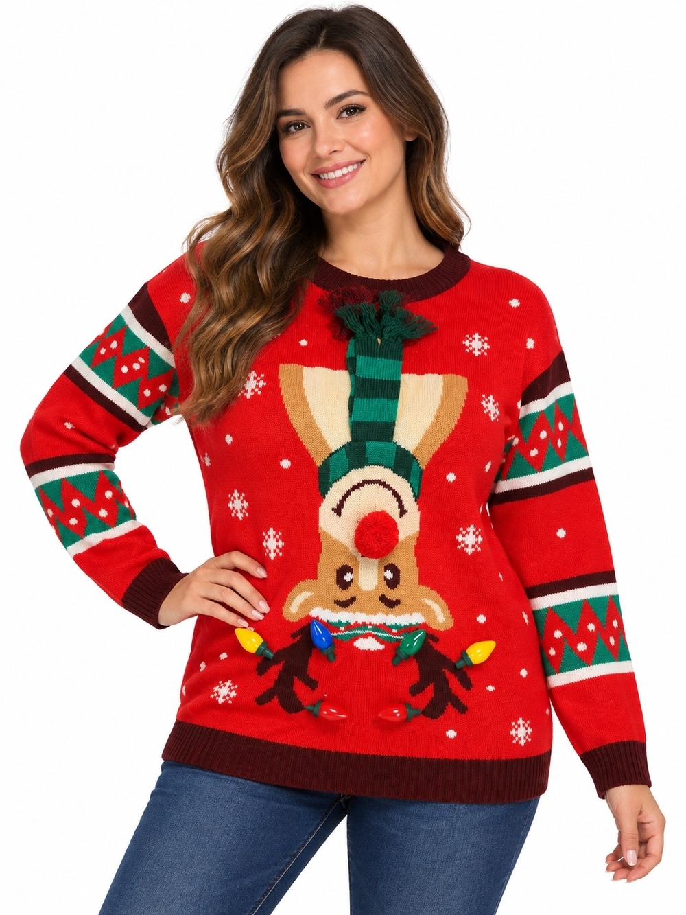 Red Women's Holiday Reindeer Light-Up Sweater - Unbranded